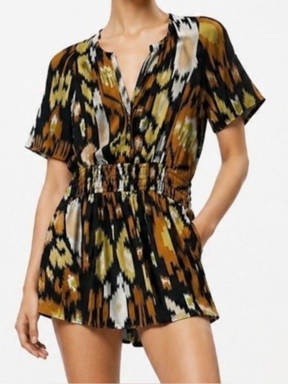 Anthropologie Somerset Ikat Print Romper Bronze Black Smocked Waist
